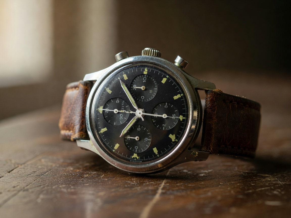 A vintage chronograph watch with faded luminous markers and a leather strap