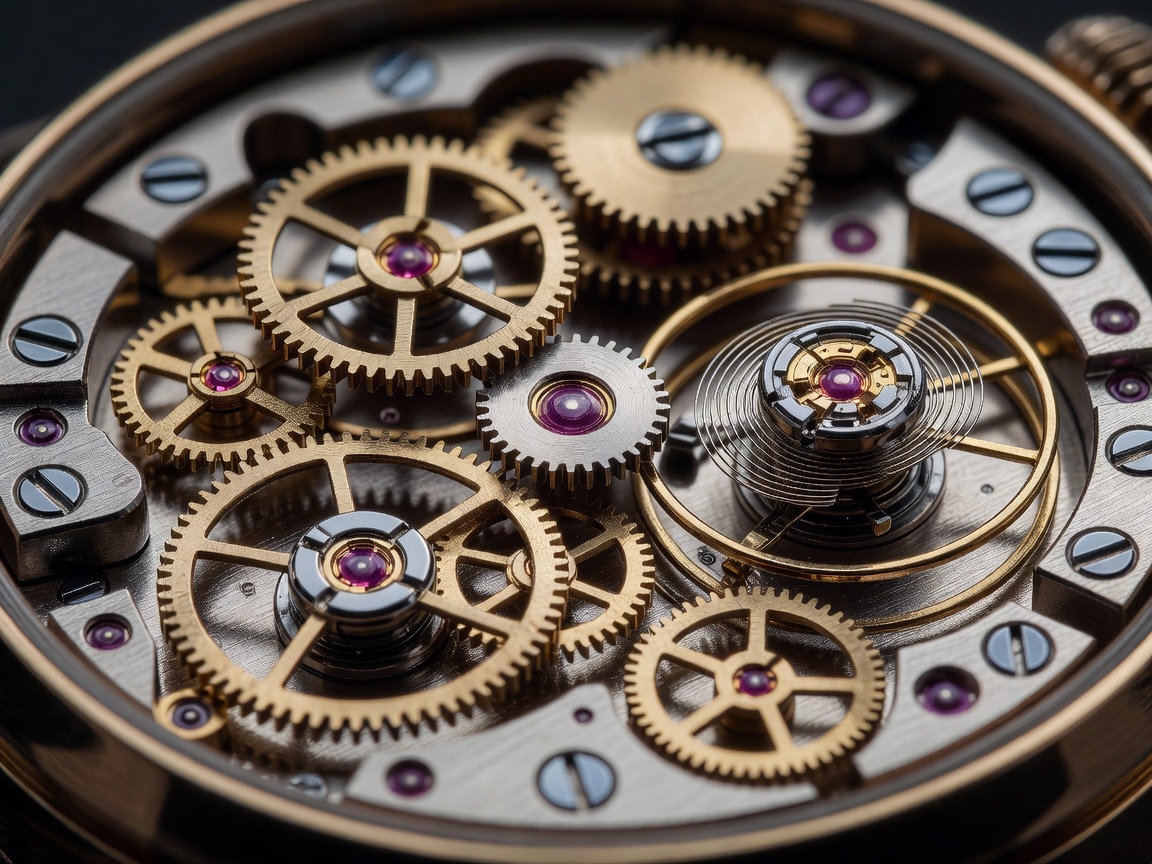 Close up of a mechanical watch movement showing gears and jewels