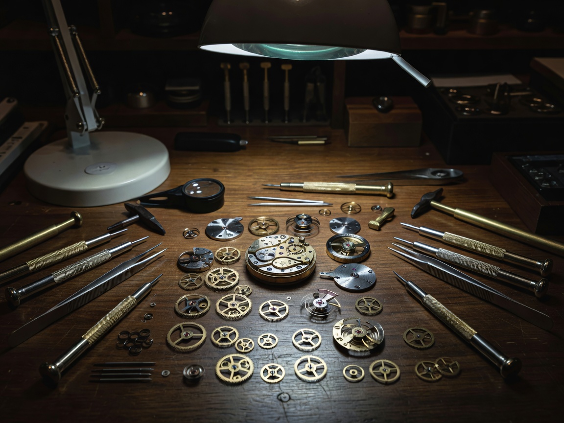 Watchmaker's tools and a disassembled watch movement on a workbench